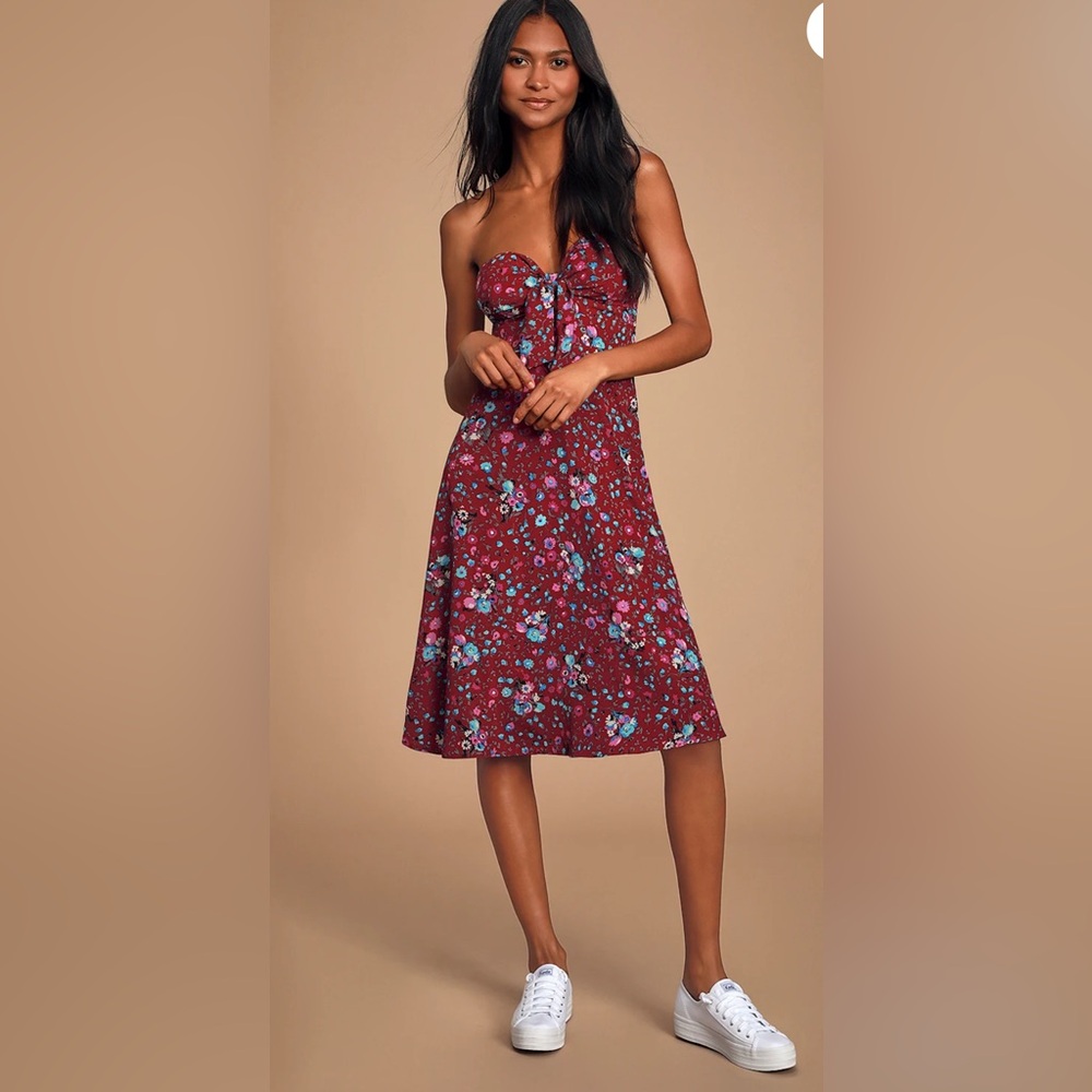 Lulus Ava Burgundy Floral Print Strapless Midi Dress
